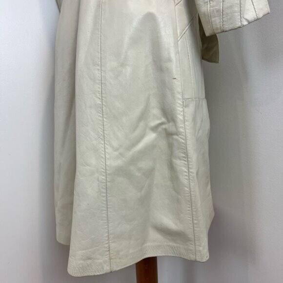 70s Vintage Embassy Women’s XS Genuine Leather Belted Tan Overcoat Jacket Trench - Picture 4 of 15